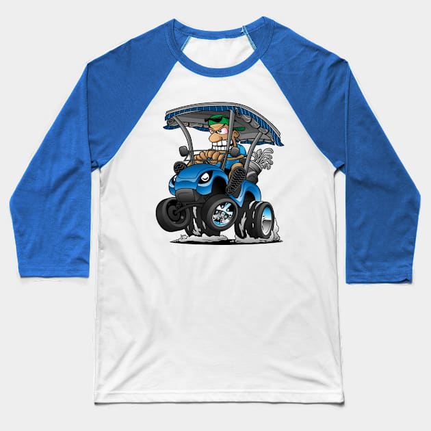 Funny Golf Cart Hotrod Golf Car Popping a Wheelie Cartoon Baseball T-Shirt by hobrath